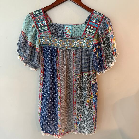 Johnny Was Embroidered Kichica Padme Blouse Silky Patchwork Embroidered Sz XS - Picture 6 of 14